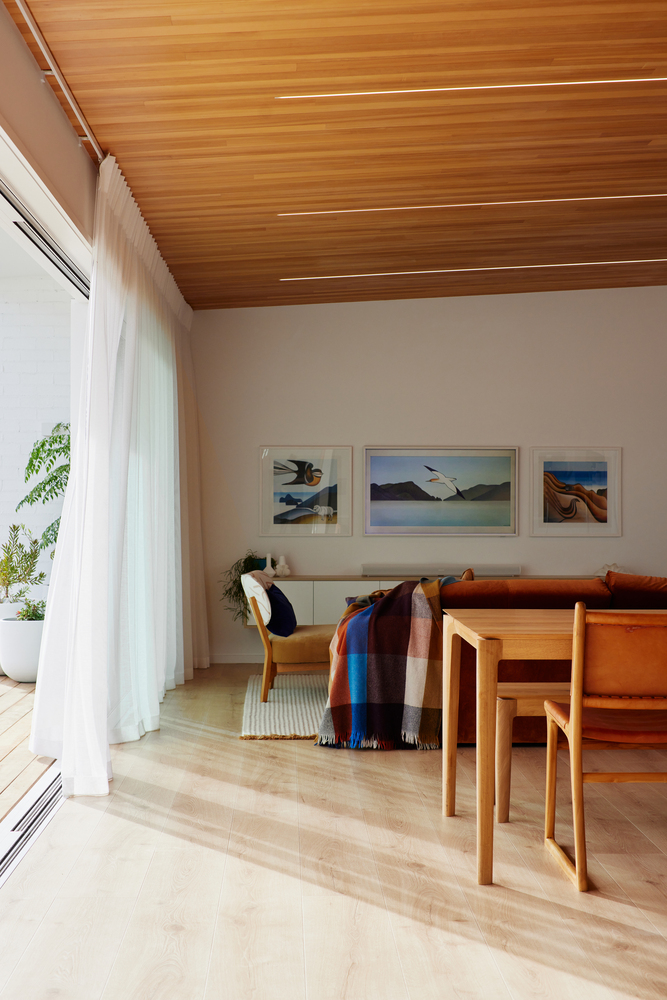 Open-plan living and dining space with sloped timber ceiling and floor-to-ceiling curtained glazing