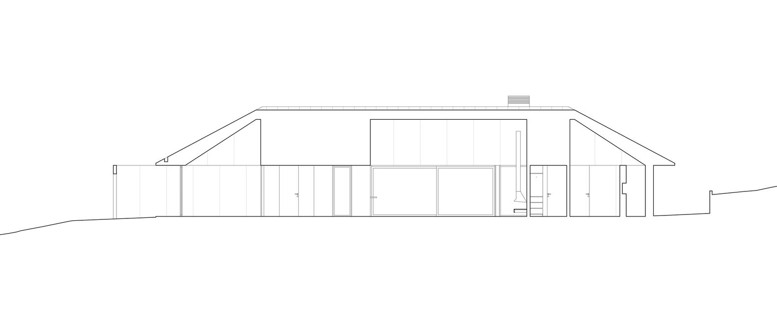 Elevation drawing of the pitched roof residence with vertical timber cladding and recessed openings