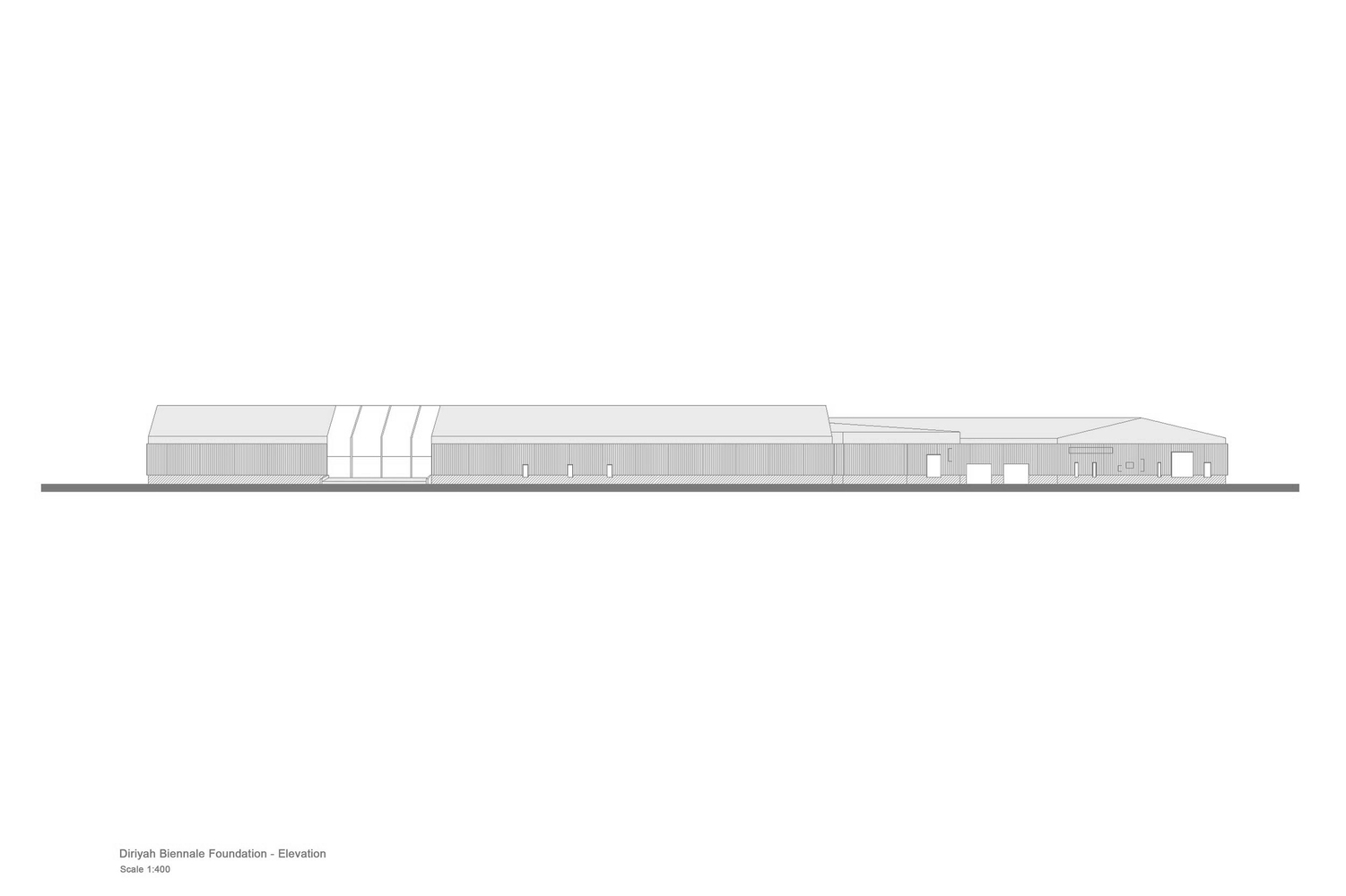 Elevation drawing showing an extended horizontal volume with varied massing and vertical fenestration rhythm