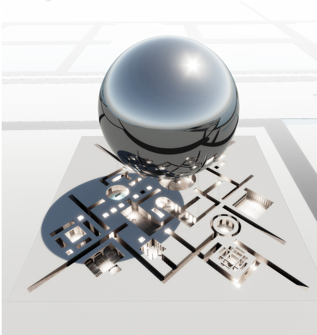 Axonometric model showing a spherical dome above a white floor plan with courtyards and rooms