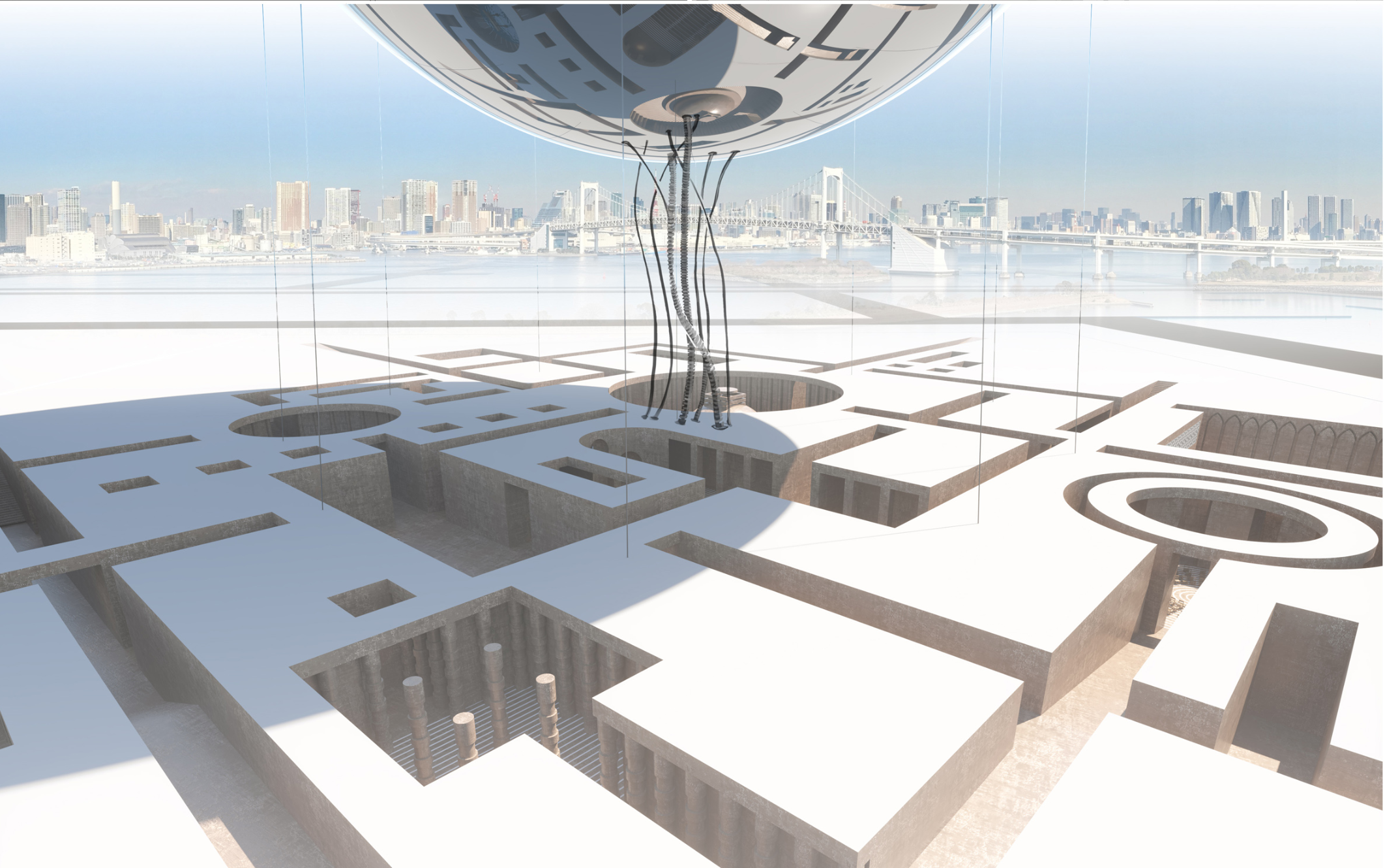 Rendered aerial view showing rooftop prayer spaces with circular and rectangular voids and suspended orb