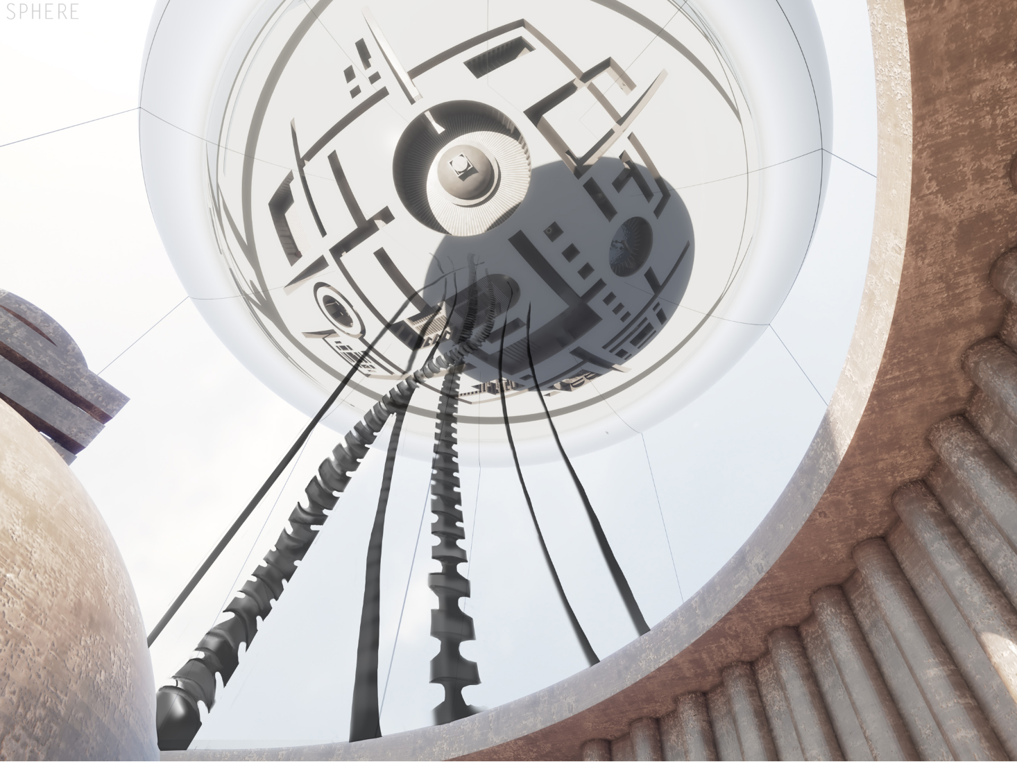 View looking up through a circular void with suspended sphere and surrounding stepped brick walls