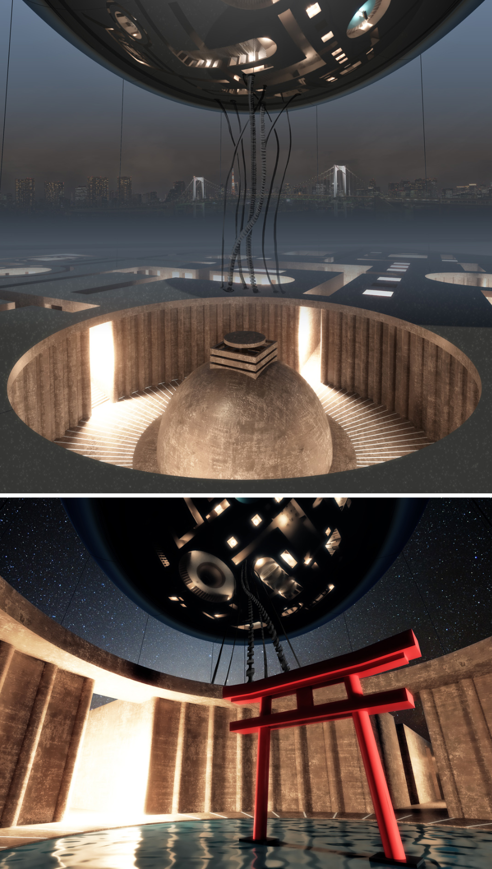 Rendered interior views of circular prayer chambers with timber walls and illuminated voids below reflective spheres