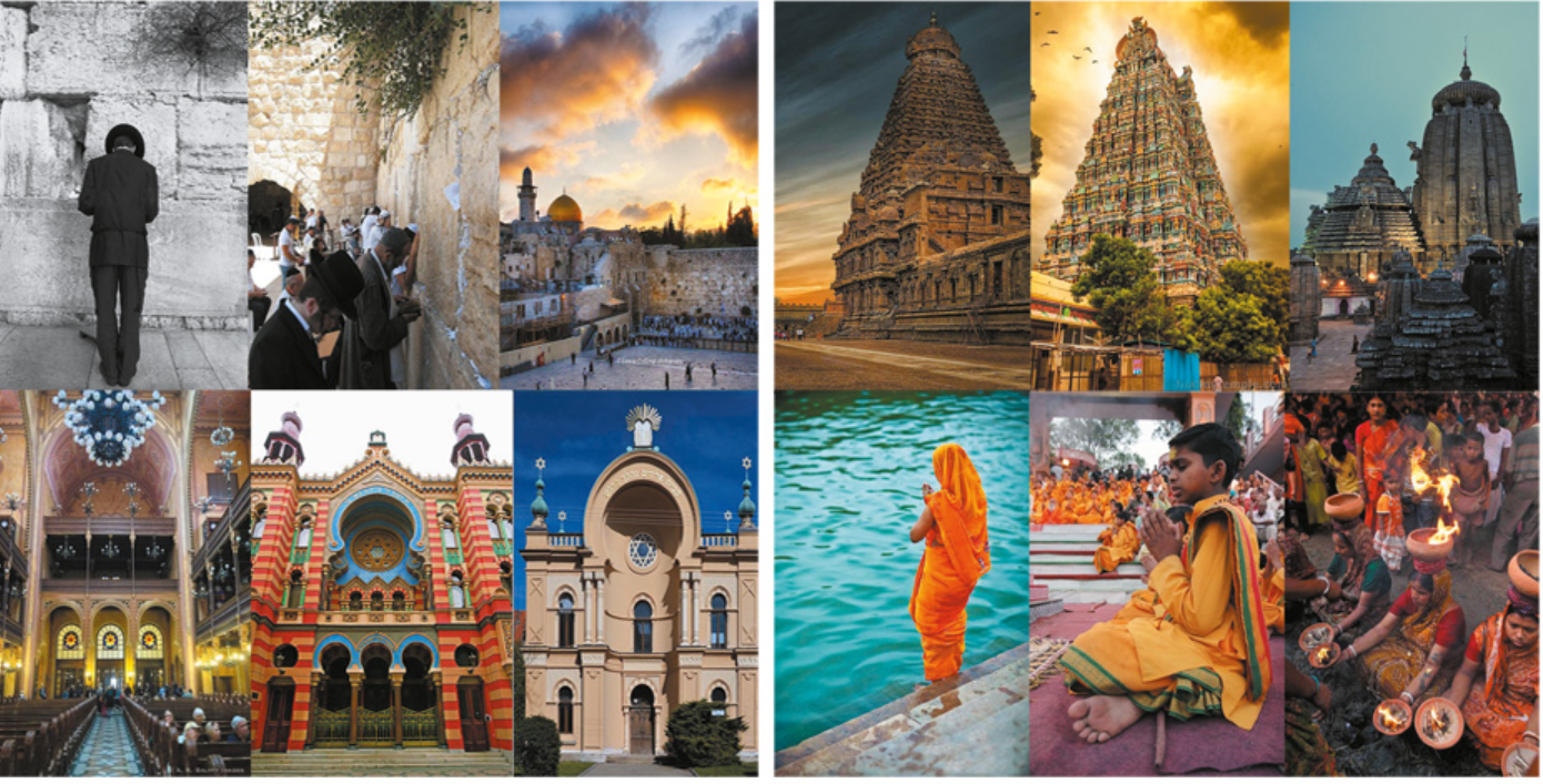 Collage of stone temples and carved facades at various times of day with visitors gathered