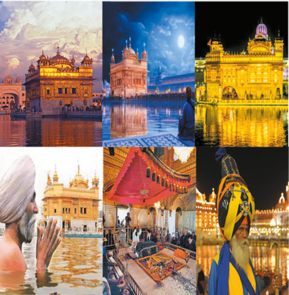 Collage of a gilded temple with domes and towers reflected in water at dusk