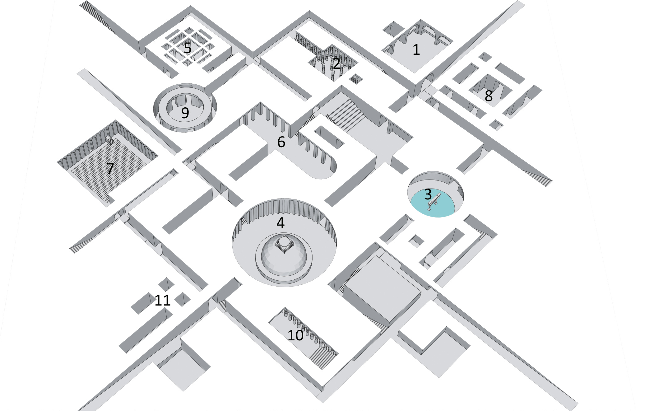 Axonometric drawing showing numbered worship chambers and circulation paths distributed across an interconnected layout