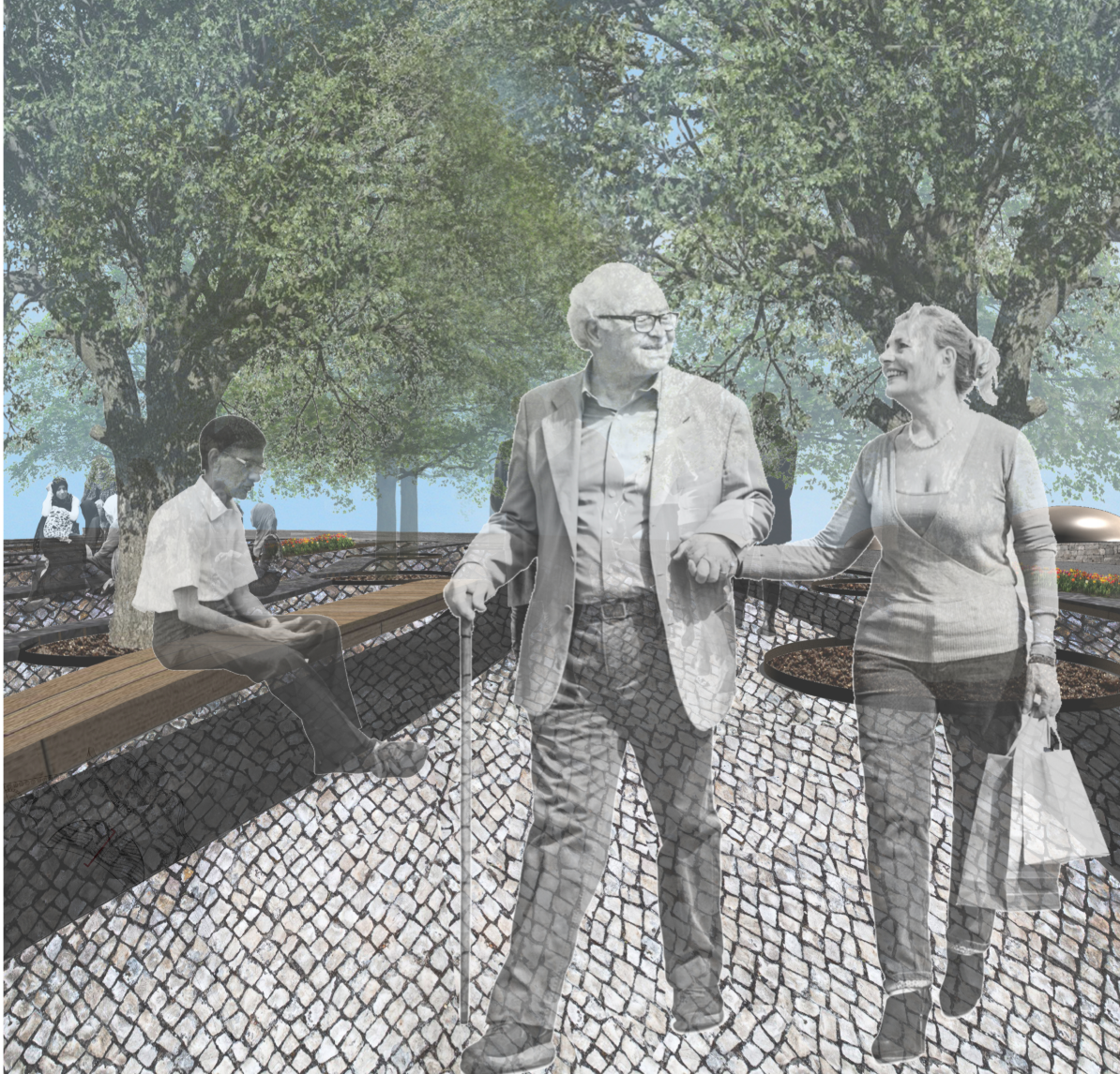 Gathering Plaza – A welcoming communal space shaded by lush trees.