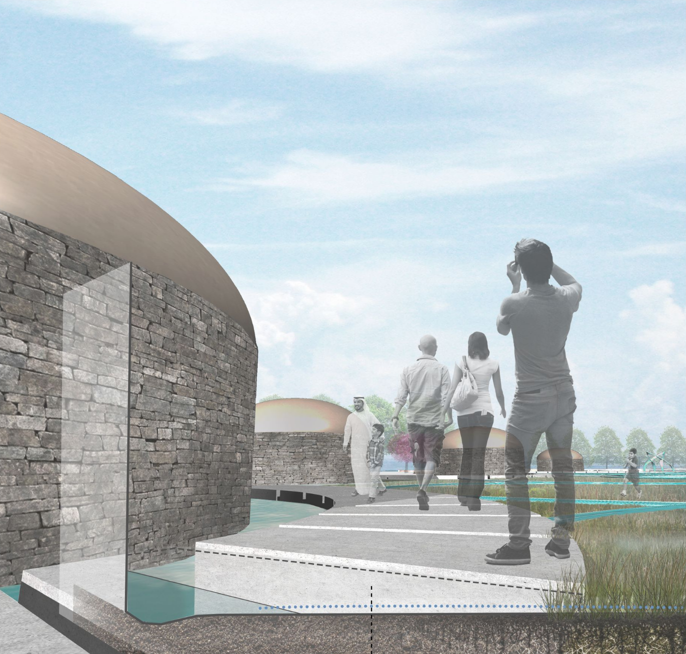 Wetlands & Cisterns – Sustainable water management integrated into the landscape.