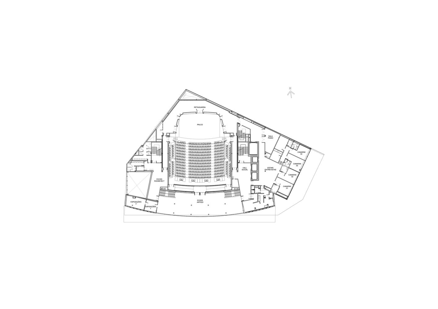 Upper level plan drawing showing the curved auditorium seating bowl surrounded by perimeter support spaces