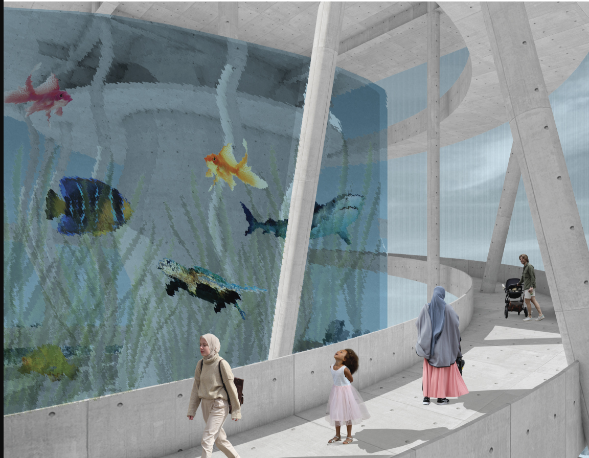 Immersive Aquarium Walkway – A breathtaking view of marine life within the tower’s transparent design.
