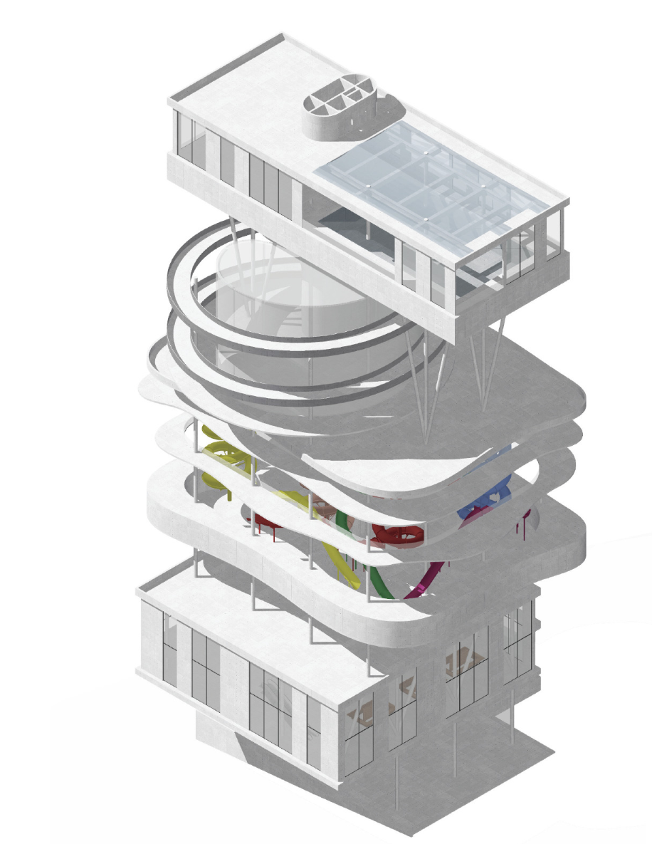 Exploded Axonometric View – A detailed breakdown of the Water Tower’s multi-functional levels.