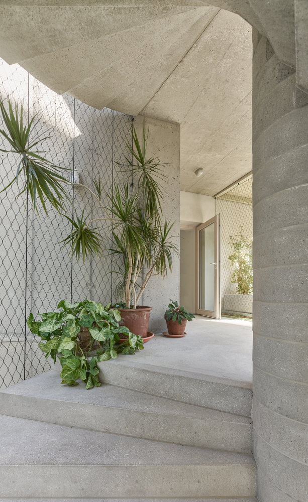 Concrete entrance steps with potted plants against a mesh-clad wall beneath an angular overhang