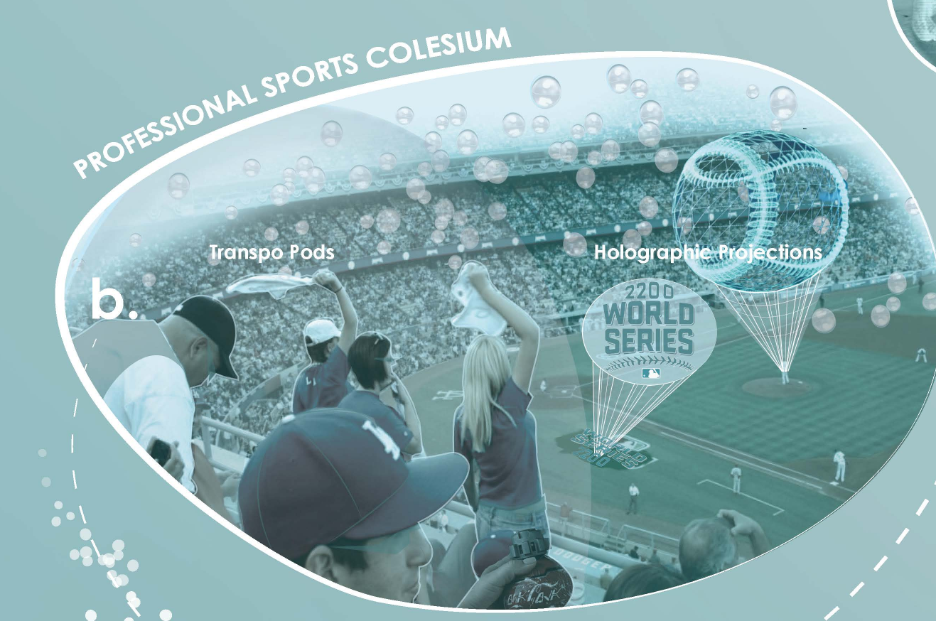 Professional Sports Coliseum – Watch immersive sports events with floating Transpo Pods and holograms.