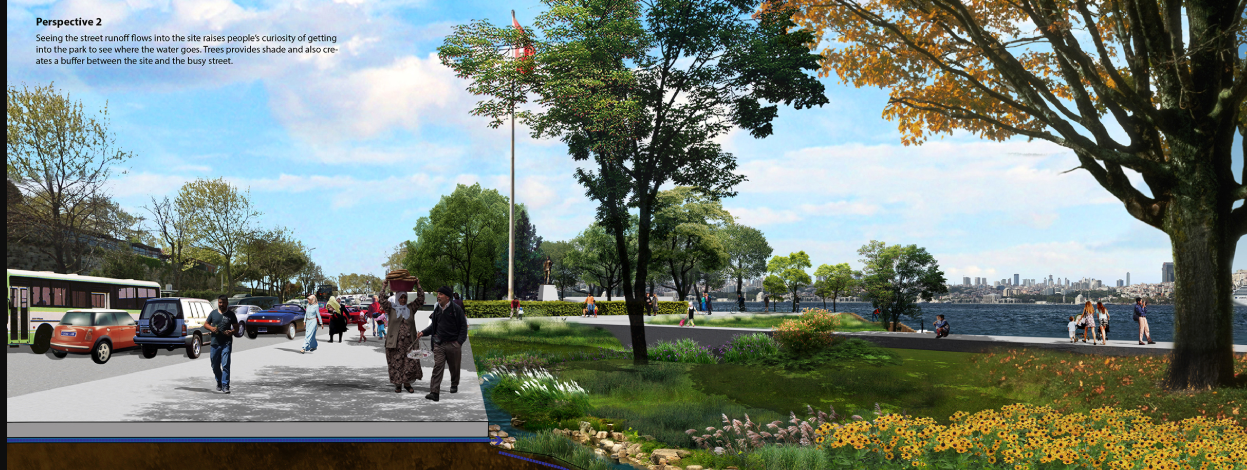 Eco-Friendly Urban Entryway – Street runoff seamlessly flows into the sustainable park, inviting public engagement.