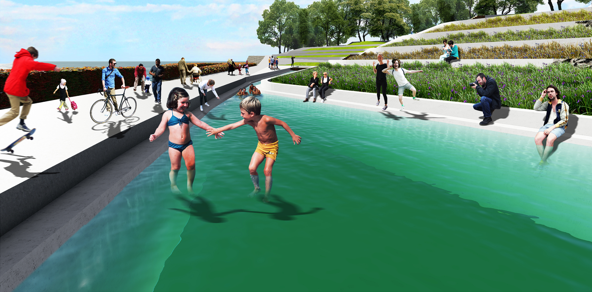 Playful Water Interaction – Children enjoy the recycled water pool, promoting sustainability through interactive design.