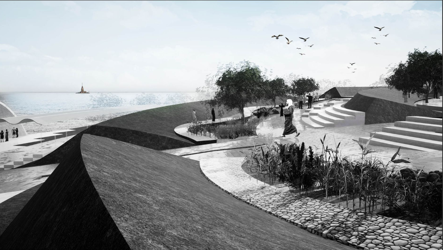Blending Nature and Design – Organic pathways and greenery merge seamlessly with the waterfront park