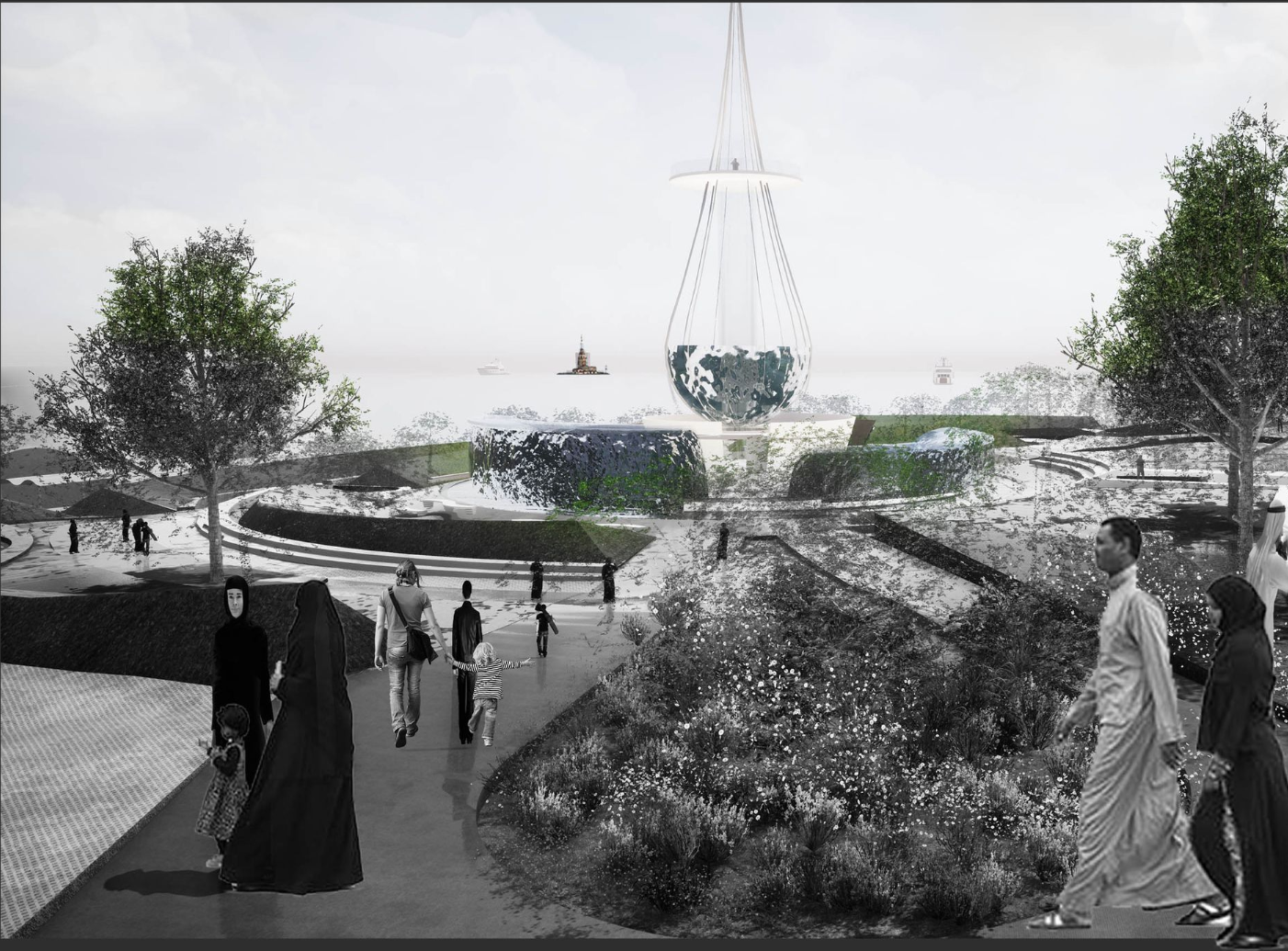 A Vision for Sustainability – Visitors explore the water-inspired landscape, featuring the iconic drop-shaped tower.