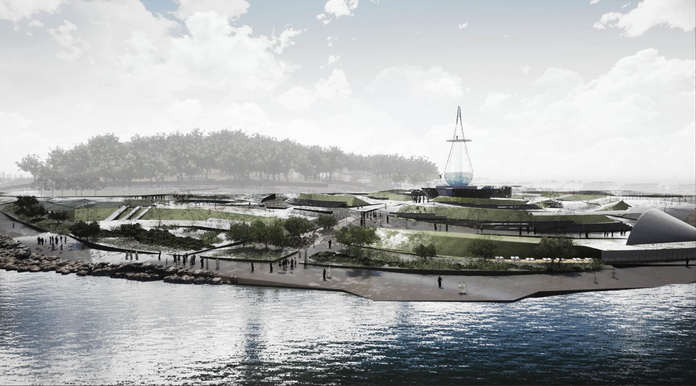 A Ripple of Change – An aerial view of the sustainable park concept inspired by water movement.