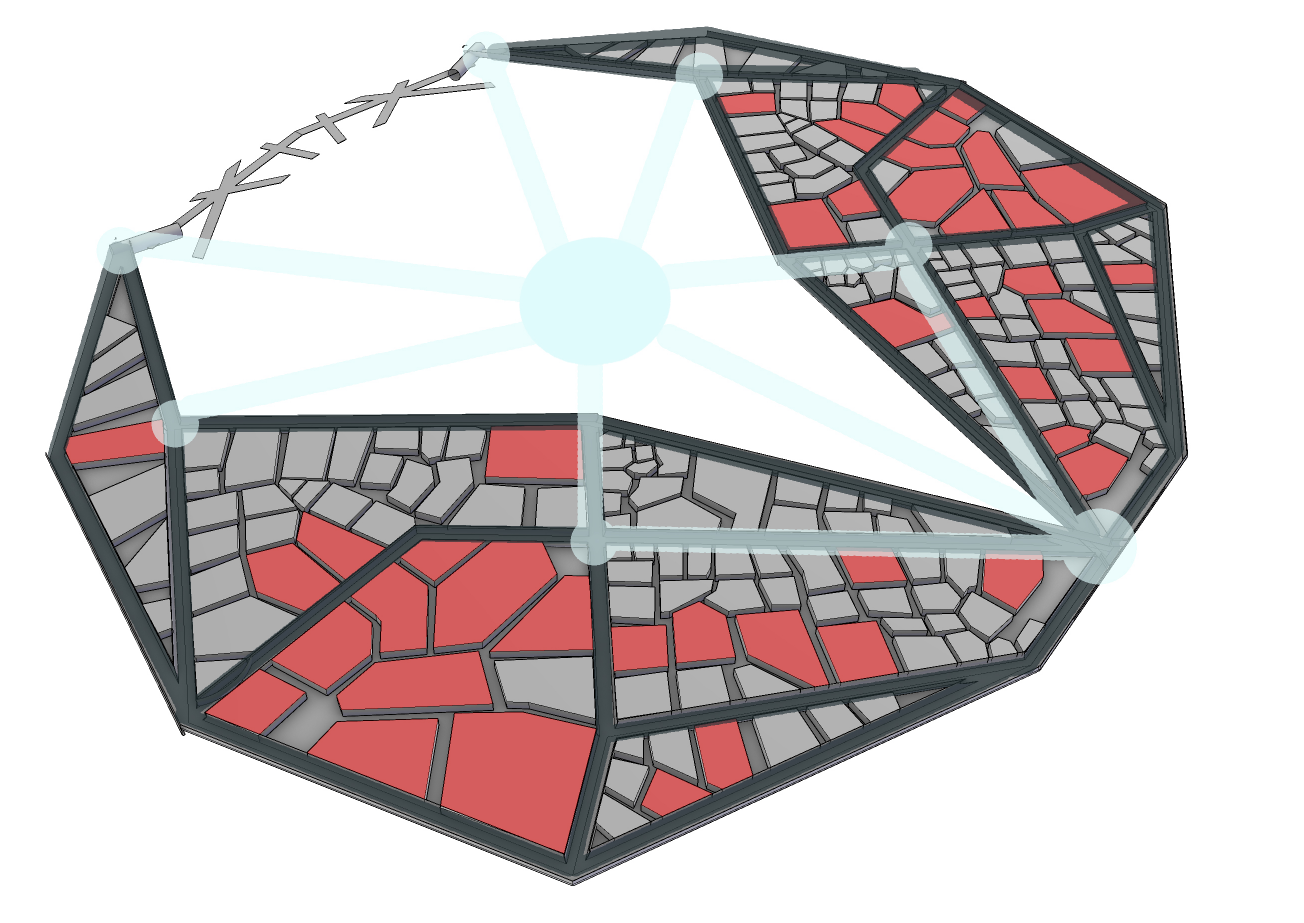 Axonometric diagram of a lobed plan divided into red and grey cellular floor zones