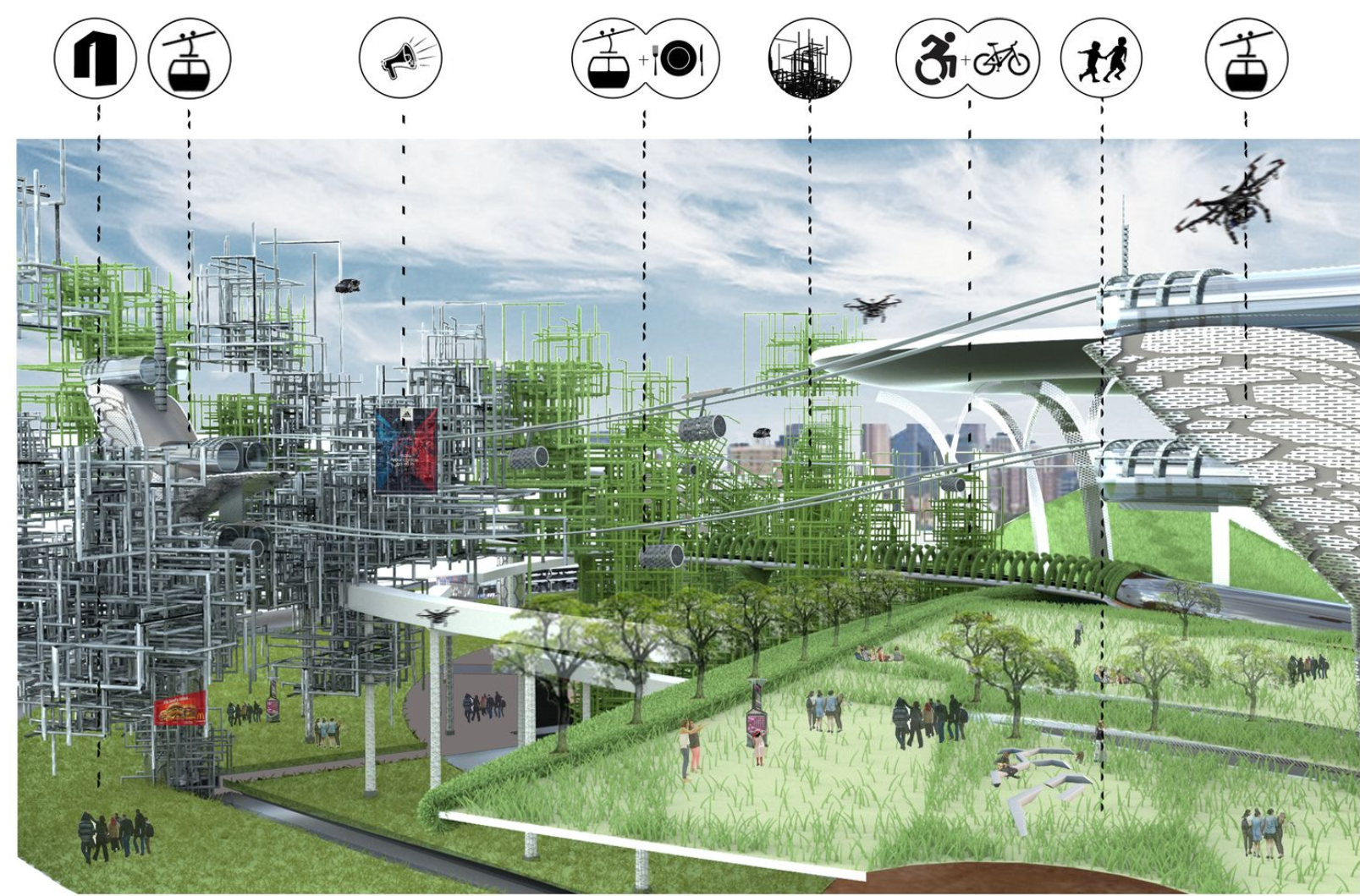 Site rendering showing terraced landscape with latticed towers, aerial gondolas, drones, and dispersed visitors below
