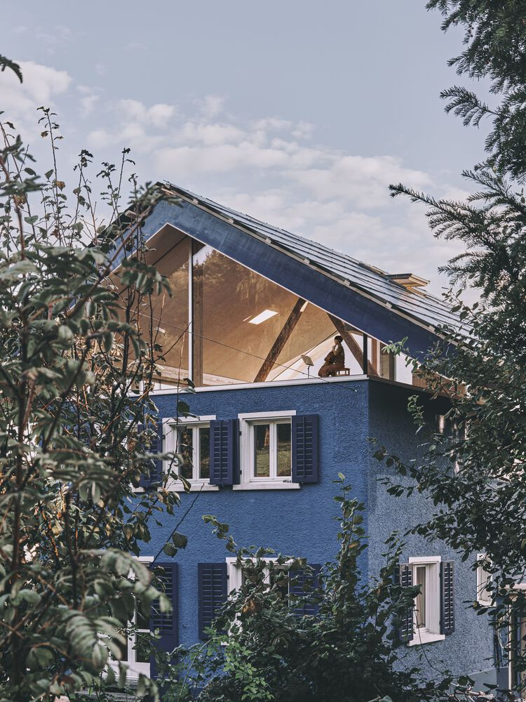 Upper gable with glazed opening and exposed timber structure framed by pine branches and clouds