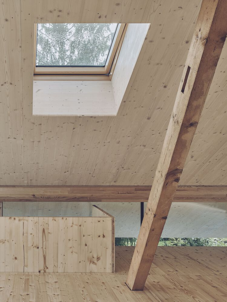 Upper level timber interior with skylight and exposed timber beam against pale plywood walls