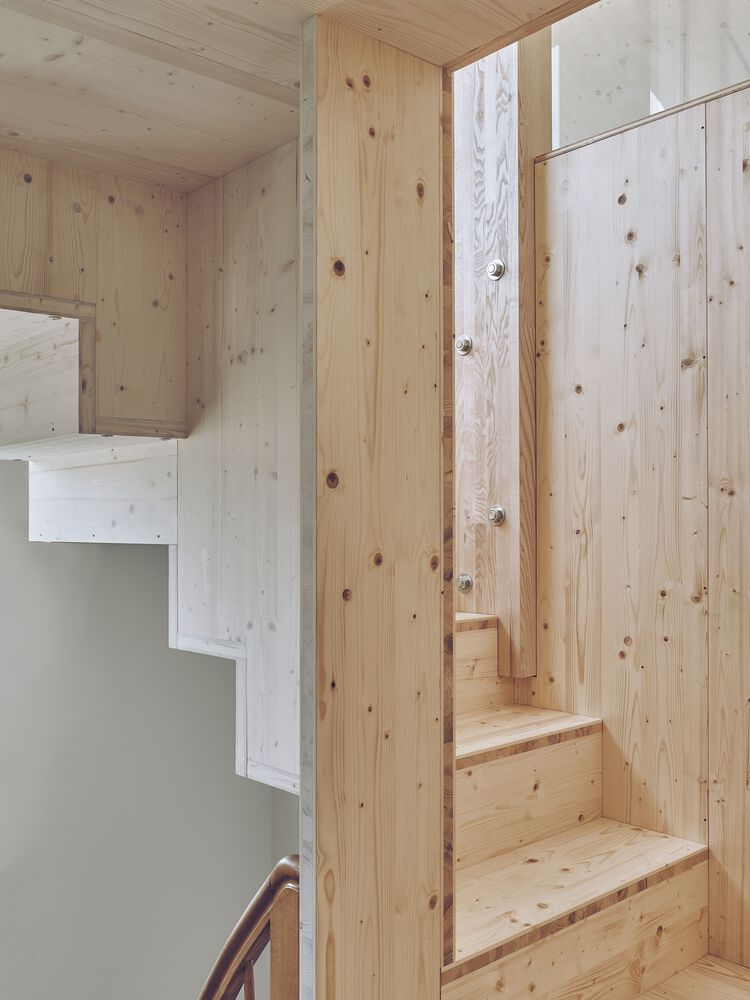 Compact timber staircase with exposed wood grain and integrated handrail between plywood walls