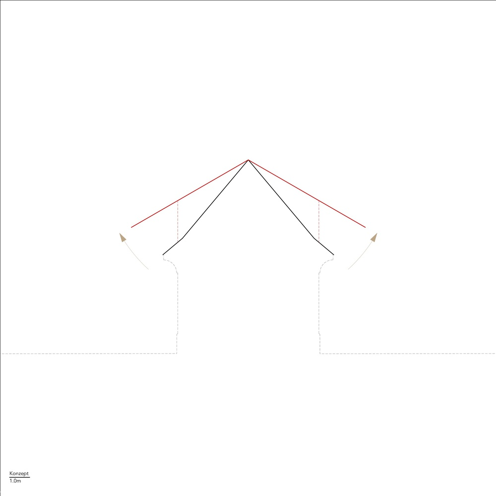 Section drawing showing the gabled roof structure with tilted planes and ridge beam