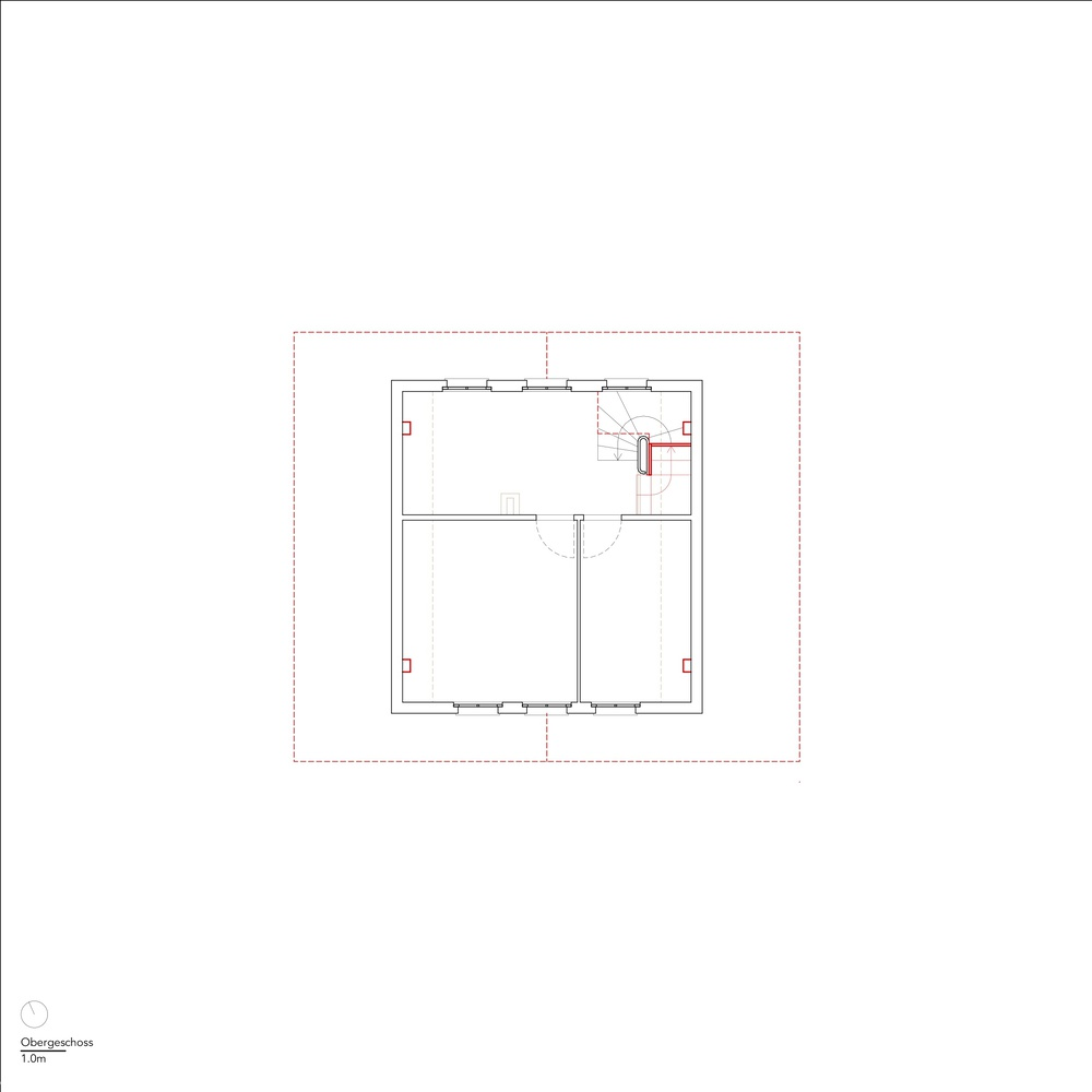 Floor plan drawing showing rectangular layout with central stair and corner element highlighted in red
