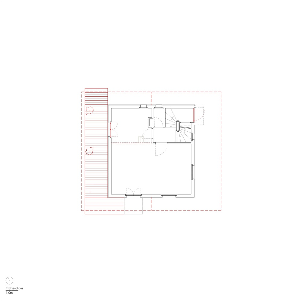 Floor plan drawing showing a square volume with adjacent deck and stair core to the right