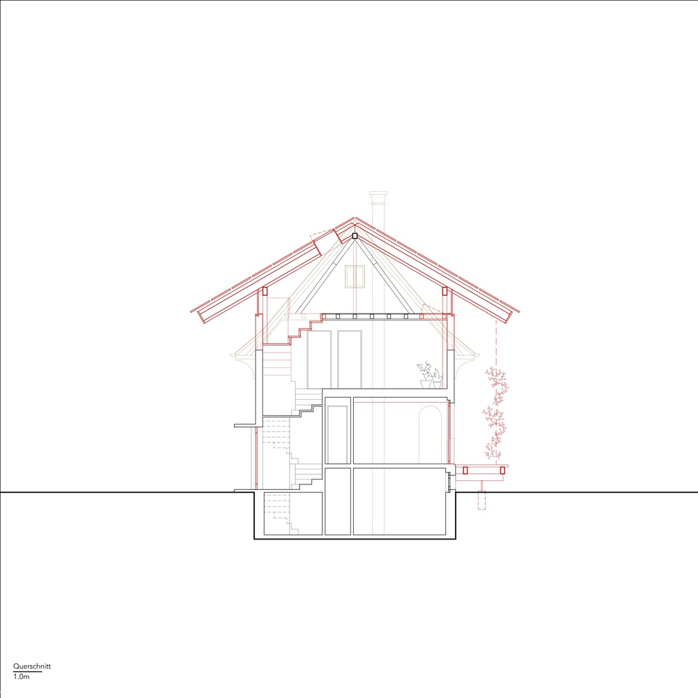 Section drawing revealing a three-story interior with pitched roof and central staircase