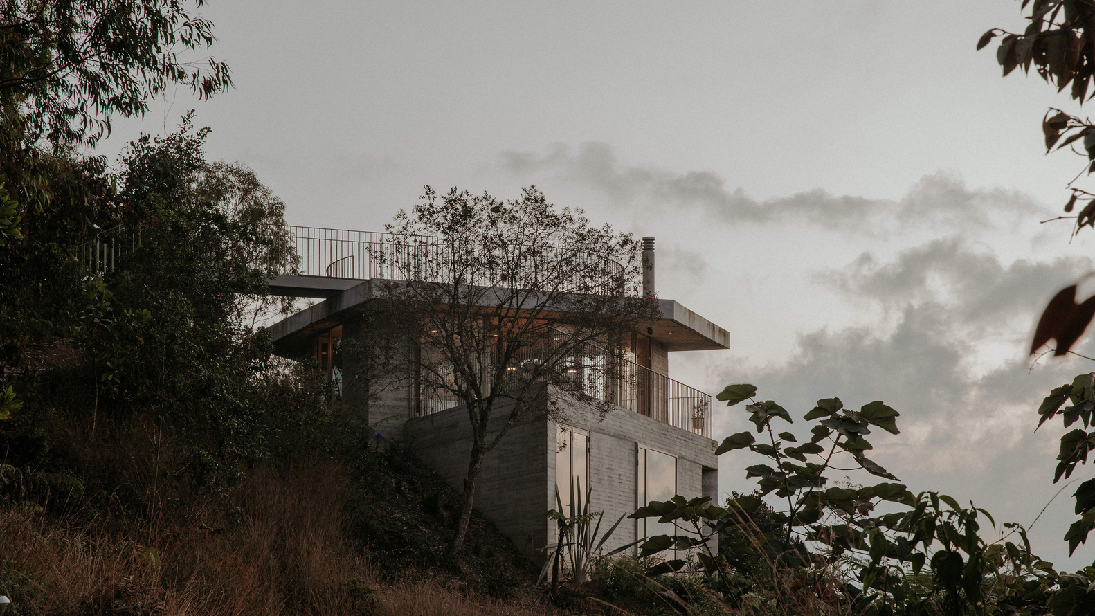 Two-story concrete volume with rooftop deck rising from hillside vegetation under cloudy skies