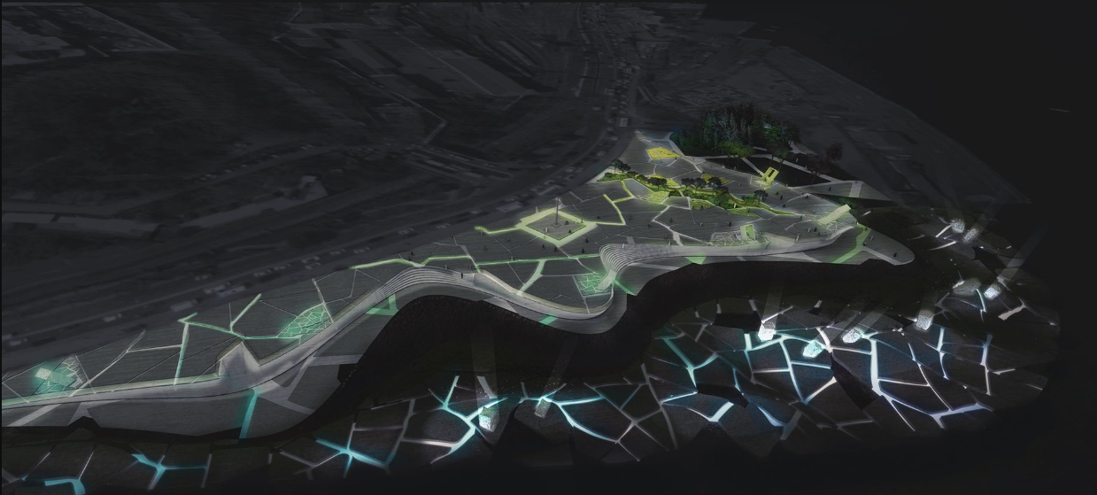 Futuristic Landscape: A night view showcasing the illuminated pathways and reflective surfaces of the Water Wound project.