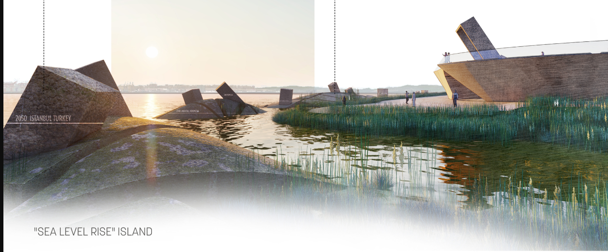 Sea-Level Rise Island: A sculptural representation of encroaching waters, highlighting the urgency of rising sea levels