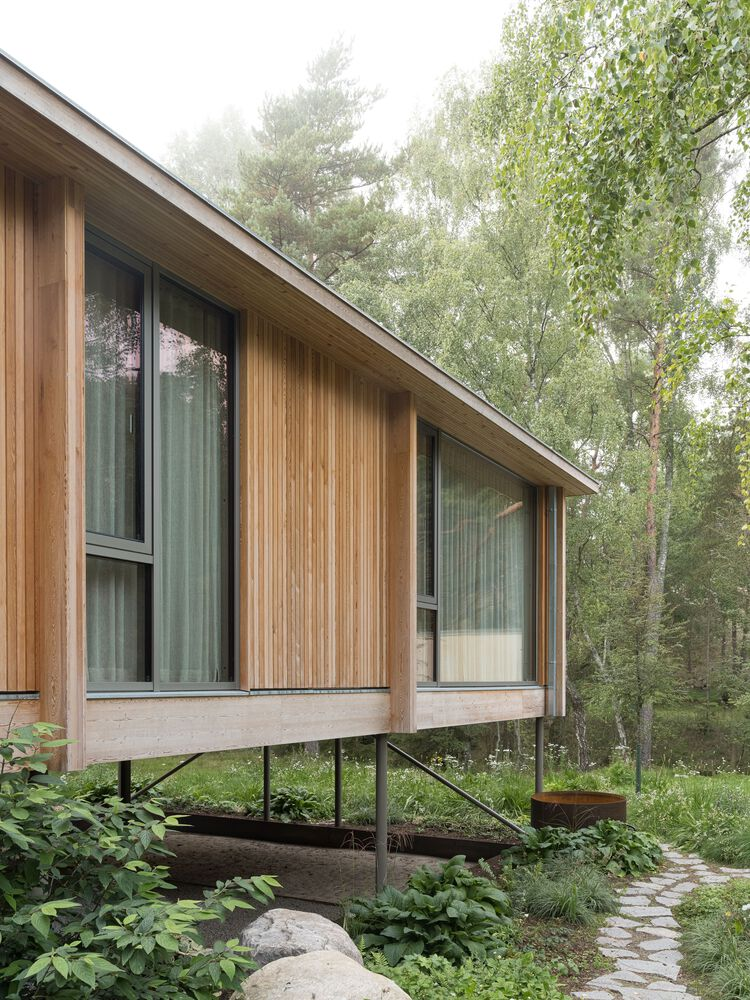 Vertical wood cladding and floor-to-ceiling windows on steel pilotis above a planted garden bed