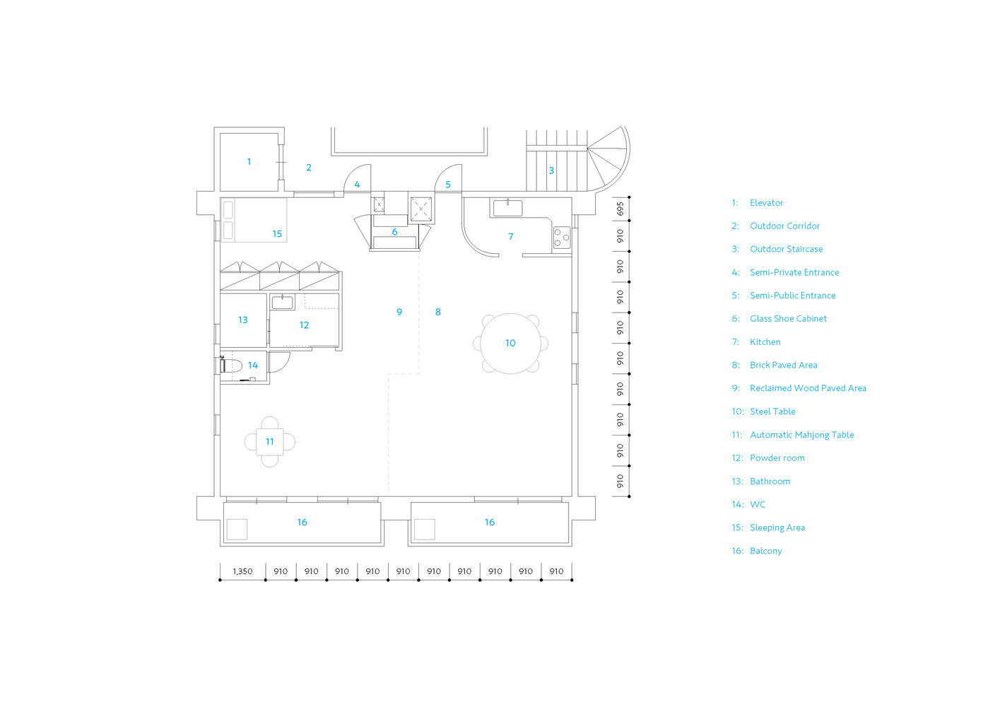 Floor plan drawing showing residential layout with labeled rooms and numbered circulation zones