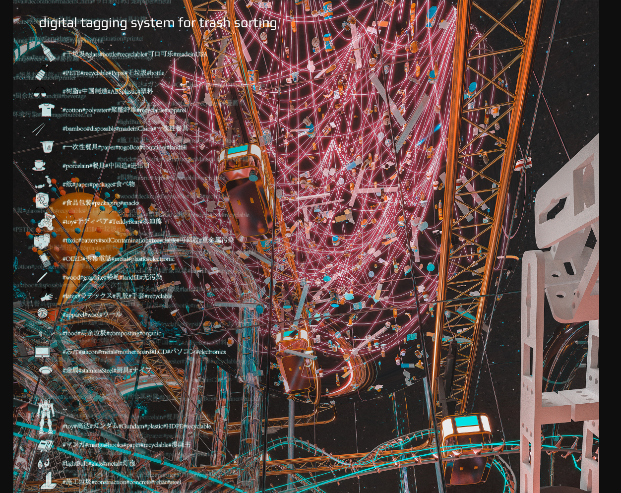 Diagram showing network of digital tracking lines connecting waste sorting elements in vertical space