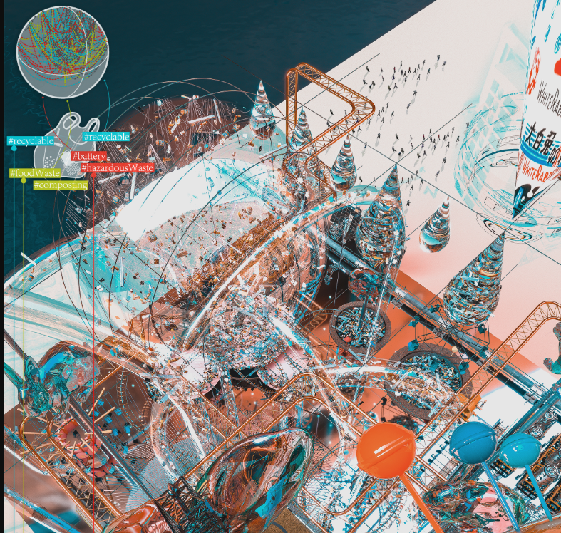 Axonometric drawing depicting layered spatial volumes with structural frameworks and material flow diagrams