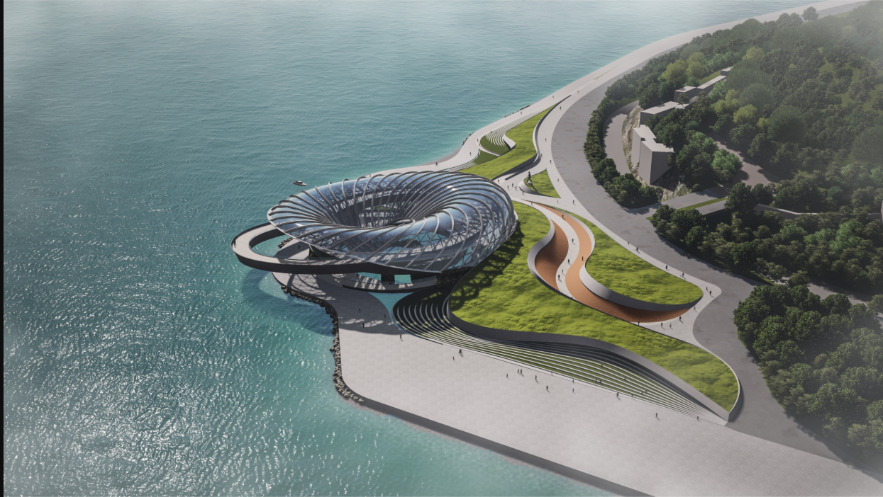 Harmonizing with Nature – The structure integrates with its surroundings, creating a balance of greenery and futuristic design.