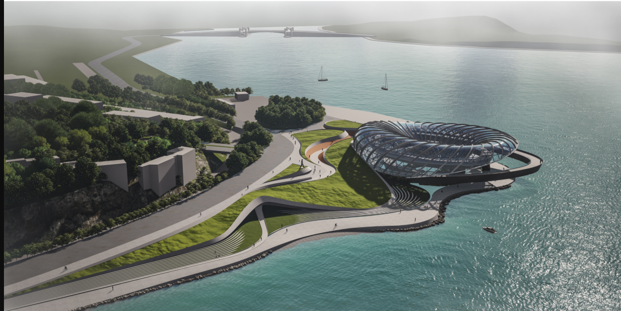 Elevated Perspective – A bird’s-eye view of the pedestrian pathways and green terraces leading to the monument.