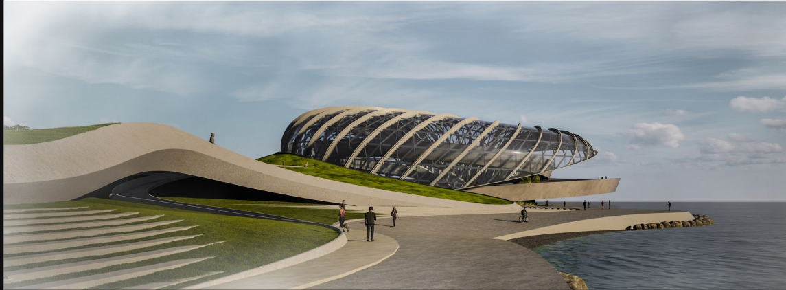 Seamless Integration – The monument's curved walkways and organic forms merge with the environment.