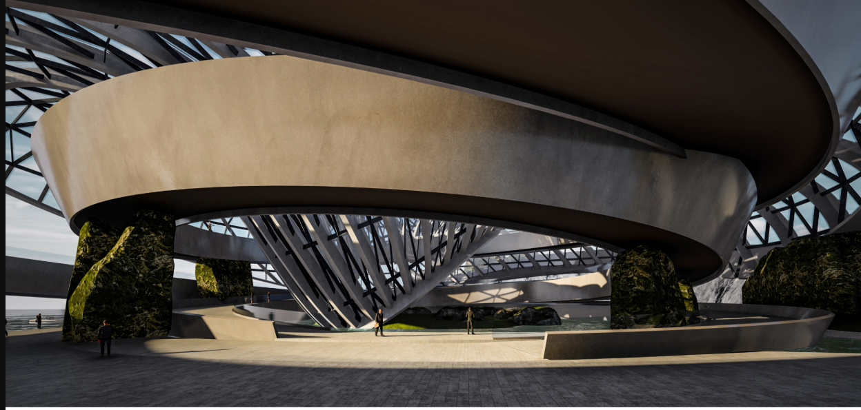 Structural Beauty – A detailed view of the innovative glass canopy and supporting framework.