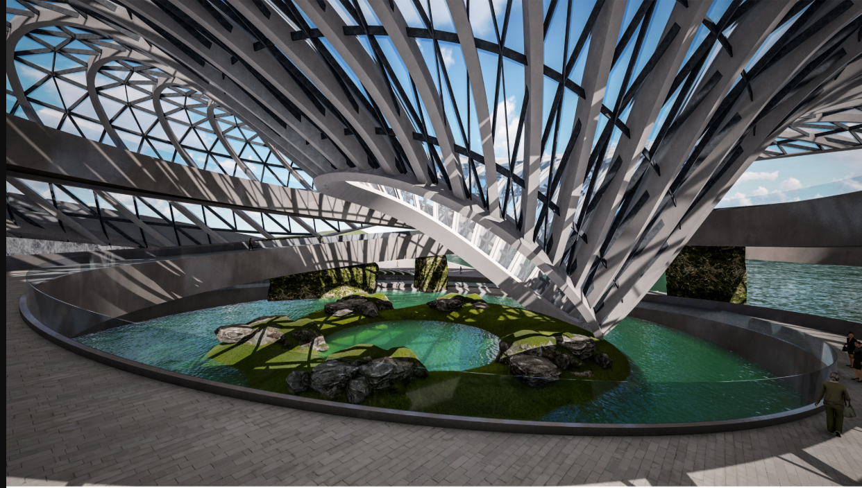 Immersive Interior – A breathtaking interior oasis featuring waterfalls and a lush green landscape.