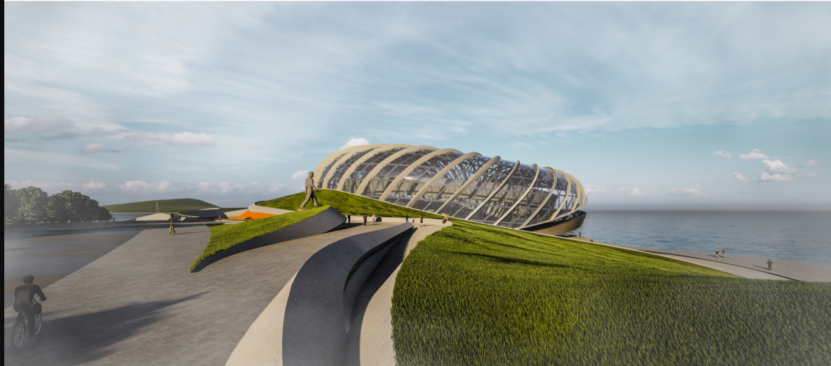 Coastal Landmark – The monument stands as a beacon of sustainable architecture along the waterfront.