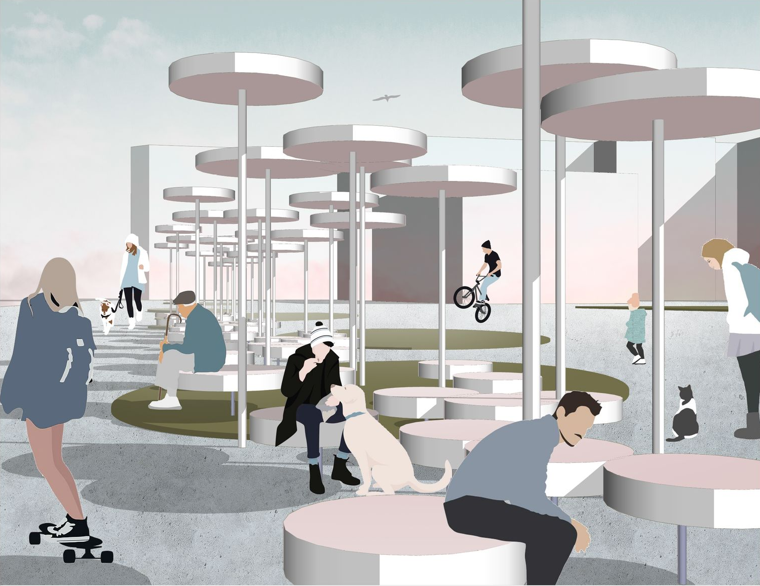 Dynamic Urban Oasis – A futuristic public space designed for relaxation and interaction.