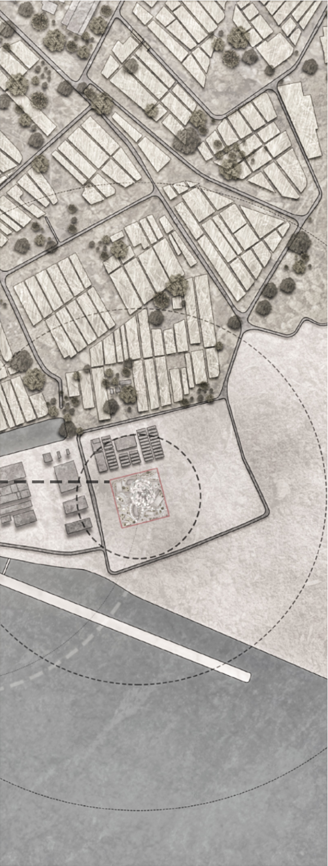 Site plan drawing showing an orthogonal street grid meeting a curved waterfront with landscaped areas