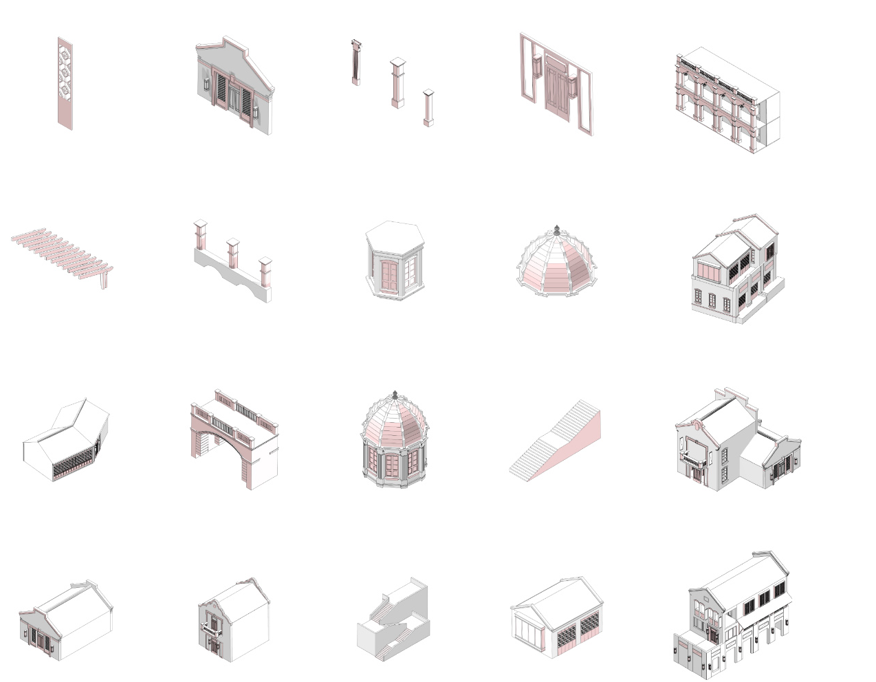Isometric drawings showing twenty variations of facade elements, columns, domes, and massing configurations