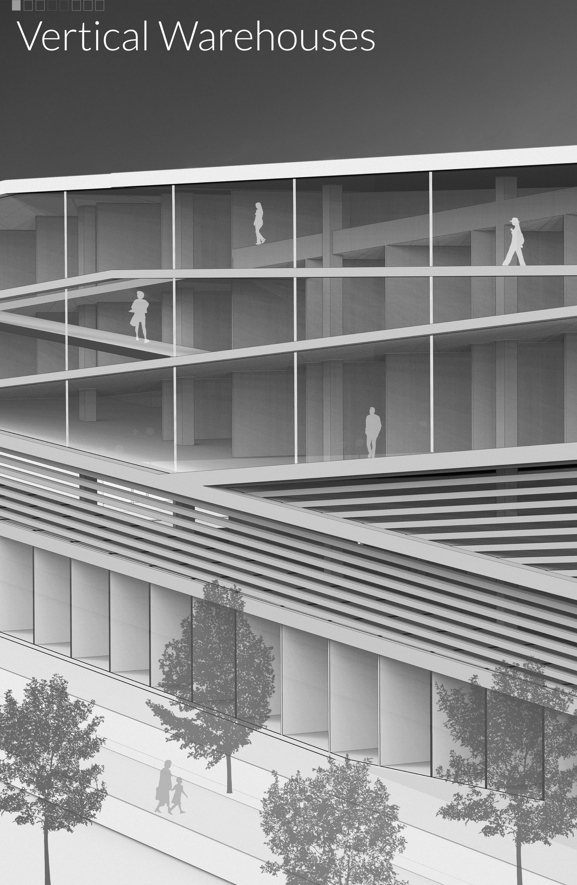 Vertical Warehouses Exterior – A conceptual rendering showcasing the sleek, multi-level design of vertical warehouse architecture.