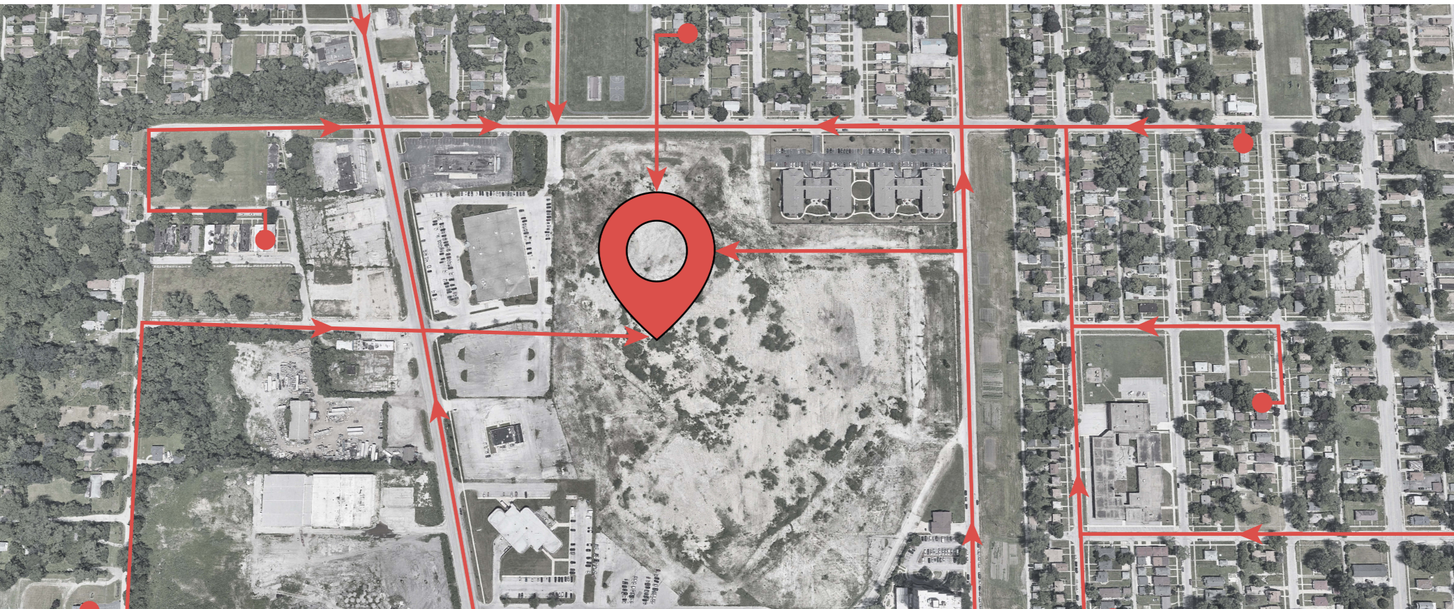 Site Location Map – A strategic site analysis of Harvey, Illinois, highlighting key access points and urban connectivity.