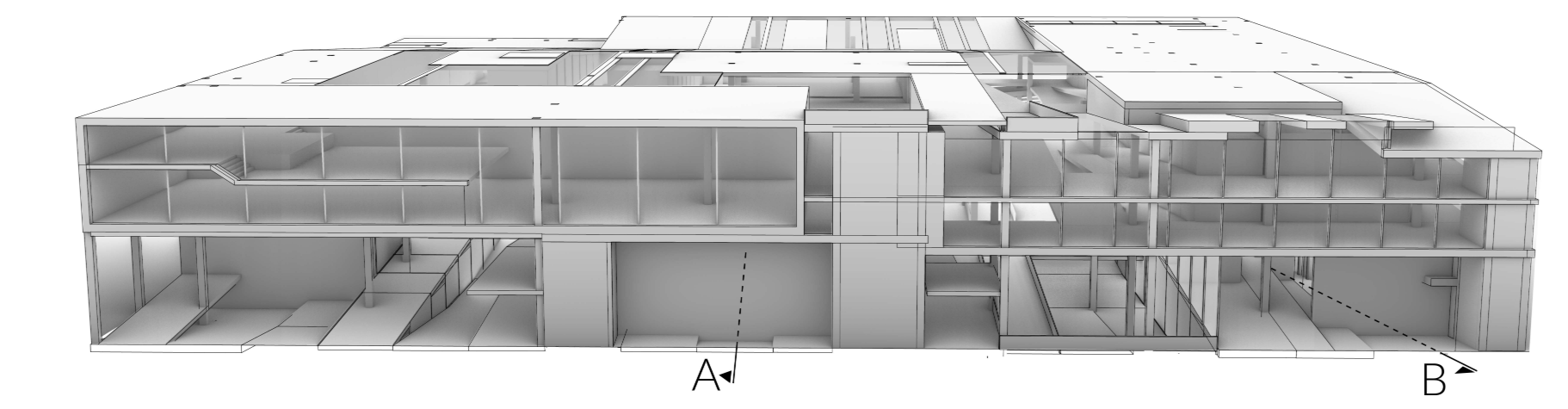 Building Perspective Cutaway – A transparent cut-through visualization of interior spaces and circulation pathways.
